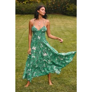 New Anthropologie The Josephine Smocked Drop-Waist Dress Green Floral Dress Sz L